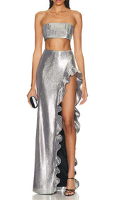 Zweiteiliger Bandeau-Anzug mit Pailletten in Silber